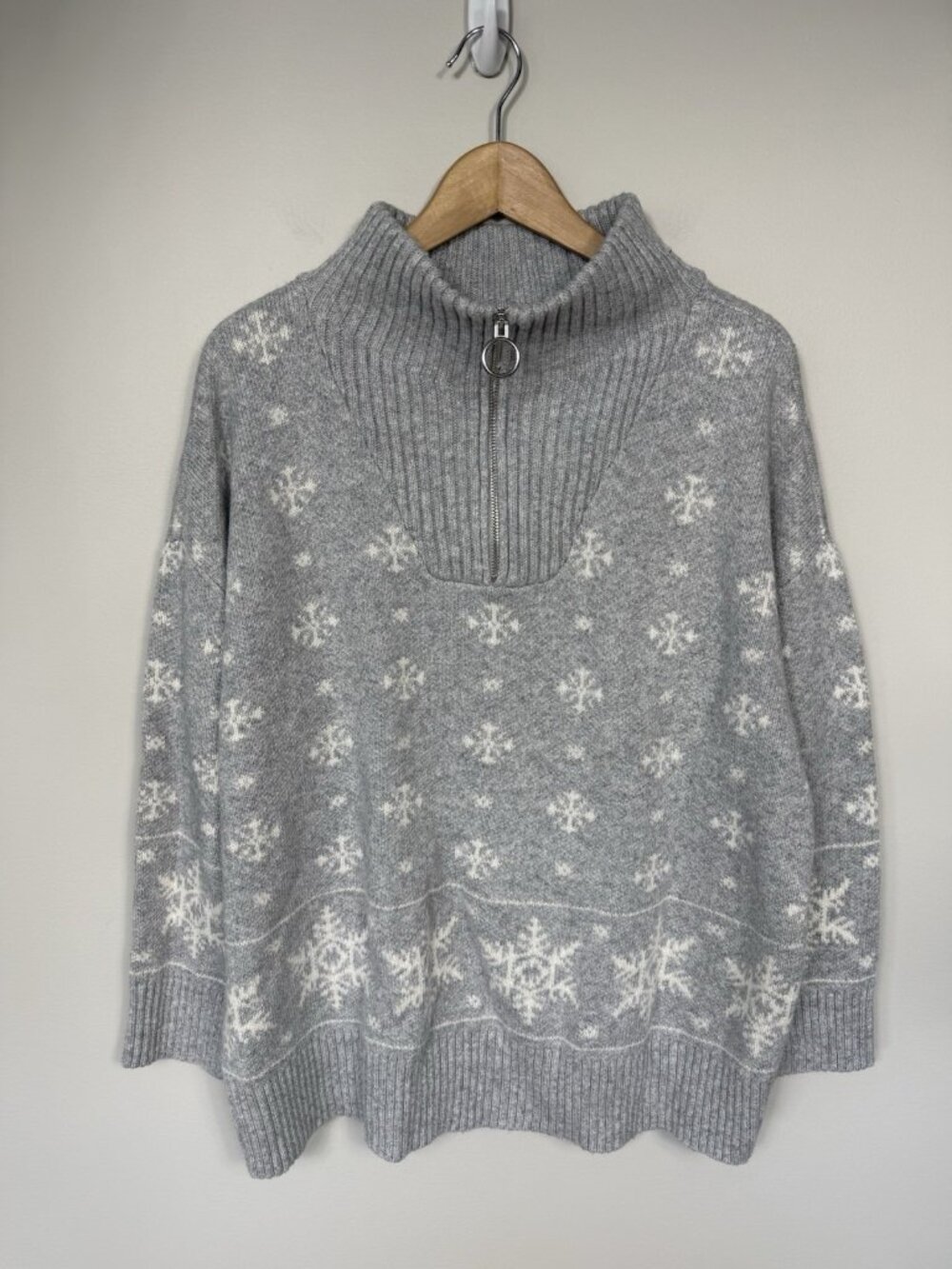 Talbots Sweater Women 1X Snowflake Mock Neck Gray Holiday Winter Cotton Blend